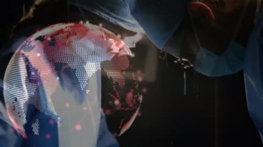 Ameliyathanelerdeki cerrahlar üzerinde bağlantı ağı olan bir dünya animasyonu. küresel tıp, sağlık hizmetleri ve dijital olarak üretilen video konsepti.