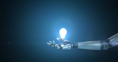 Robot kolunun üzerinde yanan ampulün animasyonu, mavi arka planda hareket eden ışıkla. Elektrik mühendisliği teknolojisi, iletişim ve araştırma konsepti dijital olarak oluşturulmuş video.