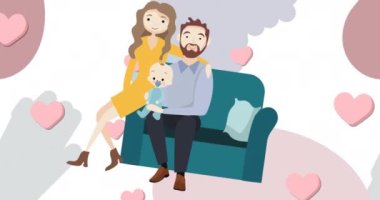 Gri ve beyaz renkli pembe kalplerle kucağında bebek oturan mutlu ebeveynlerin canlandırması. aile, sevgi, sağlık ve birliktelik kavramı dijital olarak oluşturulmuş video.