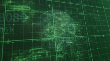 Küre ve parçacıkların yeşil şebekedeki verileri işlemek için sarmal oluşturması. küresel bilim, eğitim ve araştırma teknolojisi konsepti dijital olarak oluşturulmuş video.