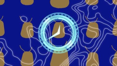 Mavi arkaplanda beyaz harita çizgileri ve şekiller üzerinde ilerleyen saatin animasyonu. küresel çevre, ağlar ve bağlantılar konsepti dijital olarak oluşturulmuş video.