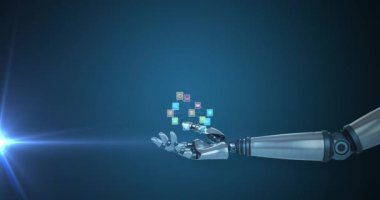 Mavi arka planda hareket eden ışık ile, robot kolun üzerinde medya simgelerinin oluşturduğu bir ağ animasyonu. Elektrik mühendisliği teknolojisi, iletişim ve araştırma konsepti dijital olarak oluşturulmuş video.