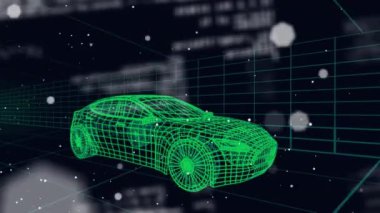 3D üzerinde veri işleme animasyonu araba ve ızgaranın çizim modeli. küresel mühendislik, veri işleme ve dijital arayüz kavramı dijital olarak oluşturulmuş video.