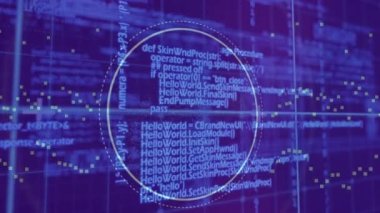 Mavi ızgara üzerinde DNA sarmalı dönen dairesel tarayıcının animasyonu ve mor üzerine veri işleme. küresel bilim, eğitim ve araştırma teknolojisi konsepti dijital olarak oluşturulmuş video.