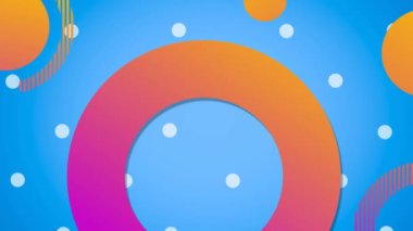 Mavi arka planda düşen beyaz noktaların üzerinde turuncu ve pembe halkalar ve dairelerin animasyonu. hareket, enerji ve renk, soyut arayüz arkaplan kavramı dijital olarak oluşturulmuş vide