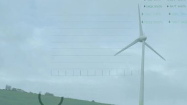 Rüzgar türbini üzerinde finansal veri işleme animasyonu. küresel iklim değişikliği, sürdürülebilirlik ve rüzgar enerjisi konsepti dijital olarak oluşturulmuş video.