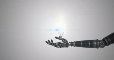 Robot kolunun üzerinde yanan ampulün animasyonu, gri arka planda hareket eden ışık. Elektrik mühendisliği teknolojisi, iletişim ve araştırma konsepti dijital olarak oluşturulmuş video.