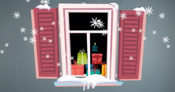 窓から見るクリスマスプレゼントの上に降る雪のアニメーション クリスマス お祝いのコンセプトをデジタルで — ストック動画