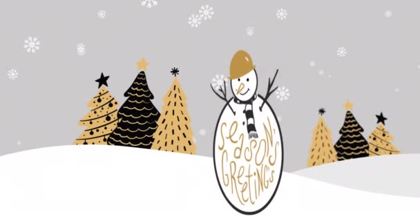 Animation Seasons Greetings Text Snowman Christmas Snow Falling Christmas Winter — Stock Video