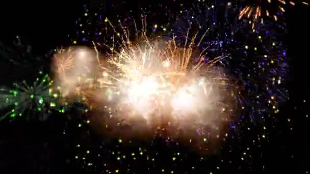 黒い背景を背景に幸せなディワリのテキストの上に爆発カラフルな花火 ディワリ祭とお祝いのコンセプト — ストック動画