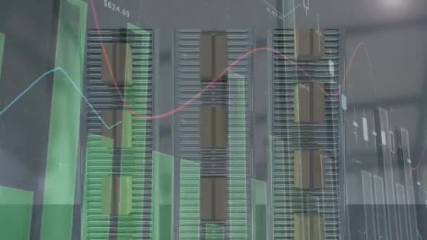 Animation Der Statistikverarbeitung Über Kartons Auf Förderbändern Hintergrund Globaler Versand — Stockvideo