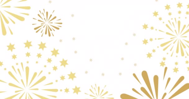 Анимация Взрыва Золотых Фейерверков Прокручивающихся Белом Фоне Новый Год Празднование — стоковое видео