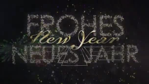 Animatie Van Vrolijke Nieuwjaarsgroeten Vuurwerk Zwarte Achtergrond Nieuwjaar Oudejaarsavondfeest Festiviteits — Stockvideo