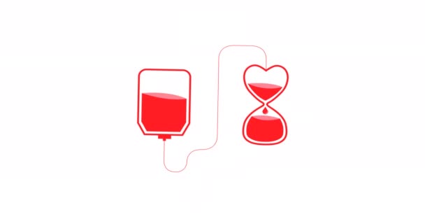 血液収集バッグや砂時計や腕のアニメーション 献血ロゴ 白い背景に 献血月間認知キャンペーンのコンセプトデジタル生成ビデオ — ストック動画