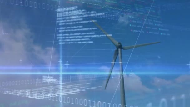 风力涡轮机二进制编码财务数据处理动画 全球气候变化 可持续性和风能概念数码视频 — 图库视频影像