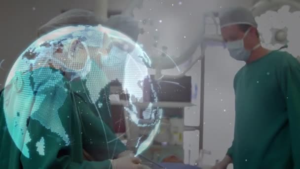 Animatie Van Wereldbol Met Netwerk Van Verbindingen Chirurgen Het Gezicht — Stockvideo