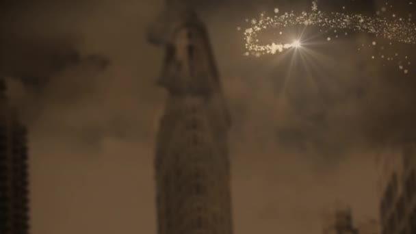 Kayan Yıldızların Animasyonu Kahverengi Arka Planda Şehrin Üzerine Düşen Kar — Stok video