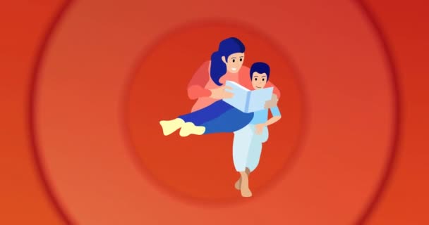 赤い丸で本を読んでいる母親と息子のイラストのアニメーション お祝いのコンセプトデジタルで生成されたビデオ — ストック動画