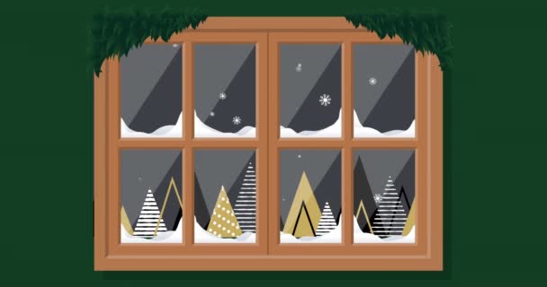 Animatie Van Kerstsneeuw Die Nachts Buiten Het Raam Valt Kerstmis — Stockvideo