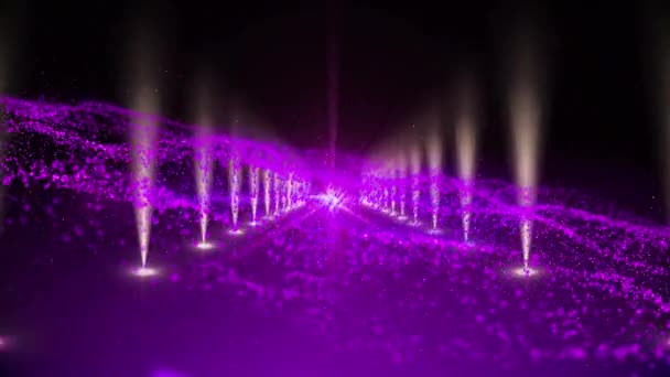 Animación Partículas Púrpuras Moviéndose Sobre Lugar Alfombra Roja Con Filas — Vídeos de Stock