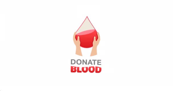 Animation Donate Blood Text Hands Droplet Logo Smiling Female Nurse — Stock Video