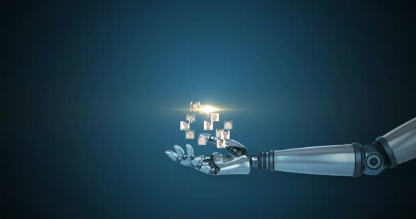 人在手的机器人手臂上的网络动画 蓝色背景上有移动的光 电子工程技术 通信和研究概念 — 图库视频影像