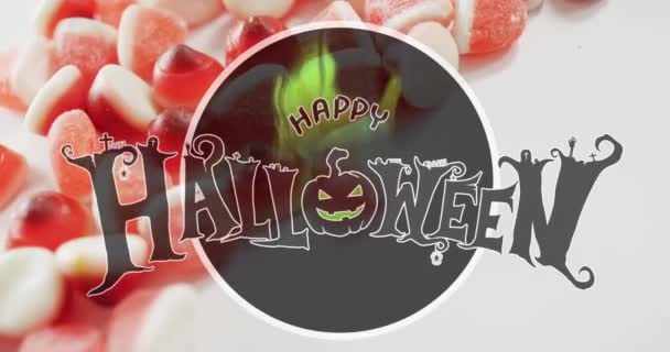 표면에 사탕의 마개를 반대하는 할로윈 텍스트 현수막을 행복하게 할로윈 축제와 — 비디오