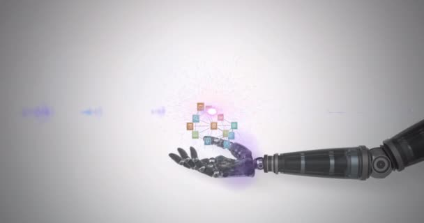 Animatie Van Netwerk Van Media Iconen Hand Van Robotarm Met — Stockvideo