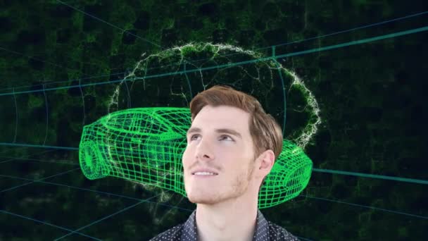 Animacja Uśmiechniętego Białego Człowieka Ludzkiego Mózgu Ponad Rysunek Modelu Samochodu — Wideo stockowe