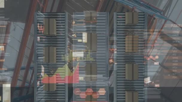 Animatie Van Statistische Verwerking Kartonnen Dozen Transportbanden Achtergrond Global Shipping — Stockvideo