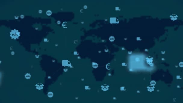 Animation Των Ψηφιακών Εικονίδια Online Αγορών Πάνω Από Τον Παγκόσμιο — Αρχείο Βίντεο