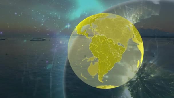 Animacja Globu Sieci Połączeń Nad Morzem Globalna Komunikacja Przetwarzanie Danych — Wideo stockowe