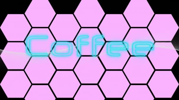 用蓝色霓虹灯在粉色六边形网格上的黑色背景上动画化咖啡文本 全球通信和数字接口技术概念数字生成视频 — 图库视频影像