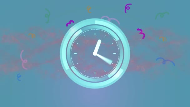 Animation Scanner Clock Face Pink Vapour Squiggles Blue Background Global — Stock Video