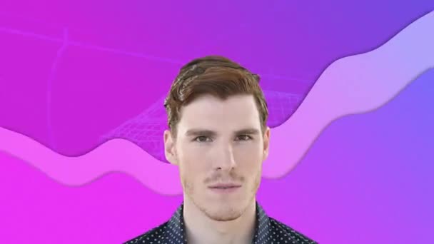 紫色の波の上に白人男性のアニメーション バンとグリッドの3D図面モデル 世界規模のエンジニアリング データ処理 デジタルインターフェースの概念デジタル生成されたビデオ — ストック動画