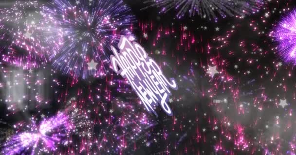 Animatie Van Vrolijke Nieuwjaarstekst Paars Wit Roze Vuurwerk Zwarte Achtergrond — Stockvideo