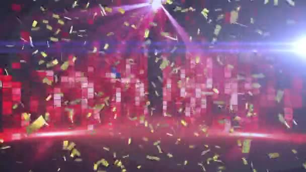 赤と白の光とスポットライトが点滅してダンスフロアに落ちる金のコンフェッティのアニメーション お祝いパーティー音楽イベントのコンセプトデジタルで生成されたビデオ — ストック動画