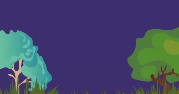 Animación Ilustración Árboles Verdes Hierba Sobre Fondo Púrpura Naturaleza Estaciones — Vídeo de stock