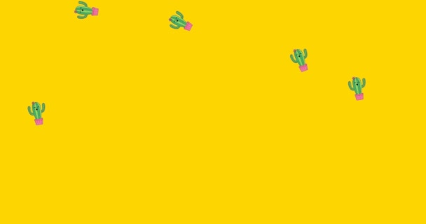 Анимация Иллюстрации Кактусов Лицами Розовых Горшках Падающих Желтый Фон Семейная — стоковое видео
