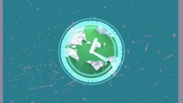 Animation Scanner Clock Face Processing Green Globe Splattered Green Background — Stock Video