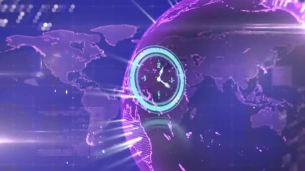 시계가 네트워크와 지도와 상에서 빠르게 움직이는 애니메이션 글로벌 네트워크 디지털 — 비디오