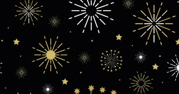 Animation Exploding White Gold Fireworks Scrolling Black Background New Year — Stock Video