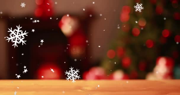 Кілька Зірок Значків Сніжинок Пливуть Фоні Плям Світла Боке Різдвяні — стокове відео