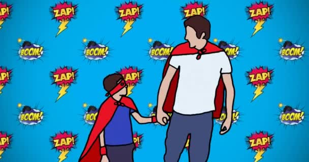 Animación Ilustración Zap Texto Boom Sobre Padre Hijo Tomados Mano — Vídeo de stock