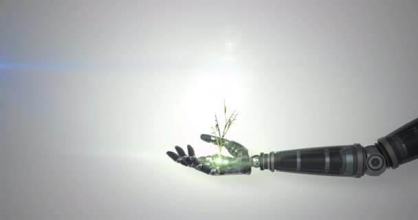 Animace Sítě Rostoucích Rostlin Ruce Robotického Ramene Pohybujícím Modrým Světlem — Stock video