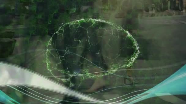 Hızlı Hareket Eden Insanların Üzerinde Dönen Insan Beyninin Animasyonu Küresel — Stok video