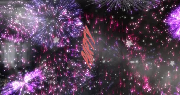 Animación Texto Del Partido Rojo Rosa Rojo Fuegos Artificiales Sobre — Vídeos de Stock