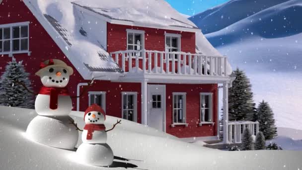 Animación Nieve Cayendo Sobre Paisaje Navideño Con Casa Dos Muñecos — Vídeos de Stock