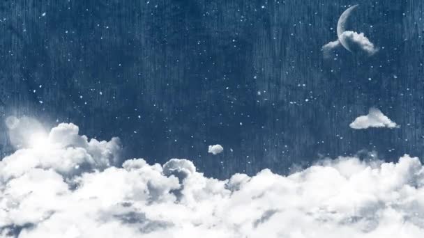 Animación Copos Nieve Cayendo Sobre Luna Nubes Sobre Fondo Azul — Vídeo de stock