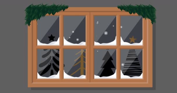 Animation Snö Faller Över Julgranar Sett Genom Fönstret Jul Tradition — Stockvideo